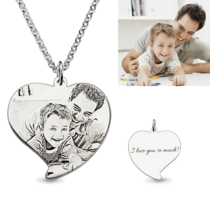 Custom Engraved Heart Photo Necklace Dad & Son Silver