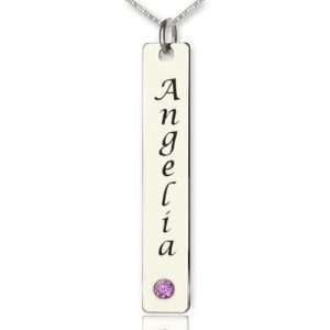 Vertical Bar Necklace Name Tag Silver with Birthstone