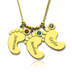 Personalized Mother's Necklace Baby Feet Charm - Gold Plated