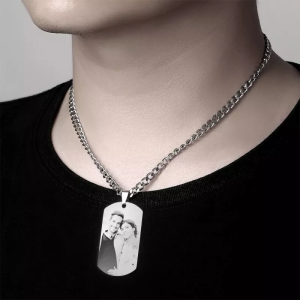 Mens Photo Engraved Tag Necklace With Engraving Stainless Steel