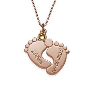 Engraved Baby Feet Necklace with Personalized Birthstone Rose Gold Plating