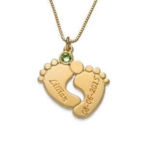 Engraved Baby Feet Necklace with Personalized Birthstone Gold Plating