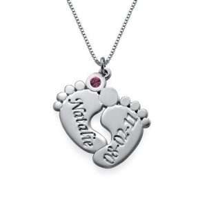 Engraved Baby Feet Necklace with Personalized Birthstone