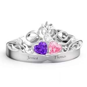 Personalized Heart Birthstone Crown Princess Promise Ring With Engraving Silver