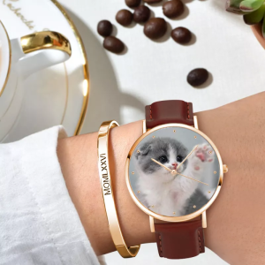 Womens Rose Goldtone Photo Watch Brown Leather Strap