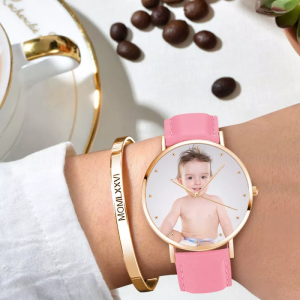 Womens Rose Goldtone Photo Watch Pink Leather Strap