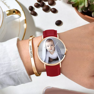 Womens Rose Goldtone Photo Watch Red Leather Strap