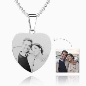 Womens Heart Photo Engraved Tag Necklace With Engraving Stainless Steel