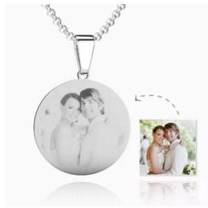 Womens Round Photo Engraved Necklace Stainless Steel