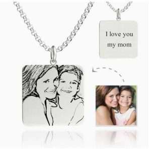 Womens Square Photo Engraved Tag Necklace With Engraving Silver